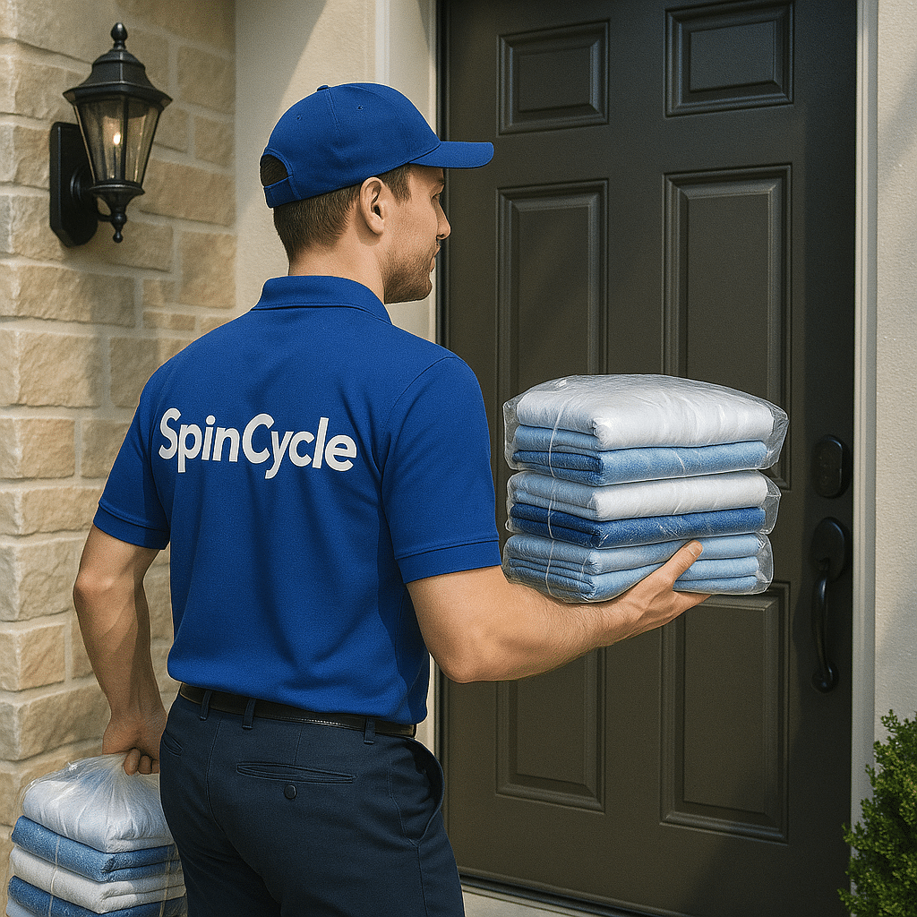 BrightSpin driver carrying freshly cleaned laundry bags up to a front door