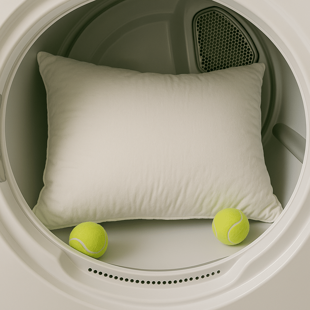 Pillow in dryer with tennis balls