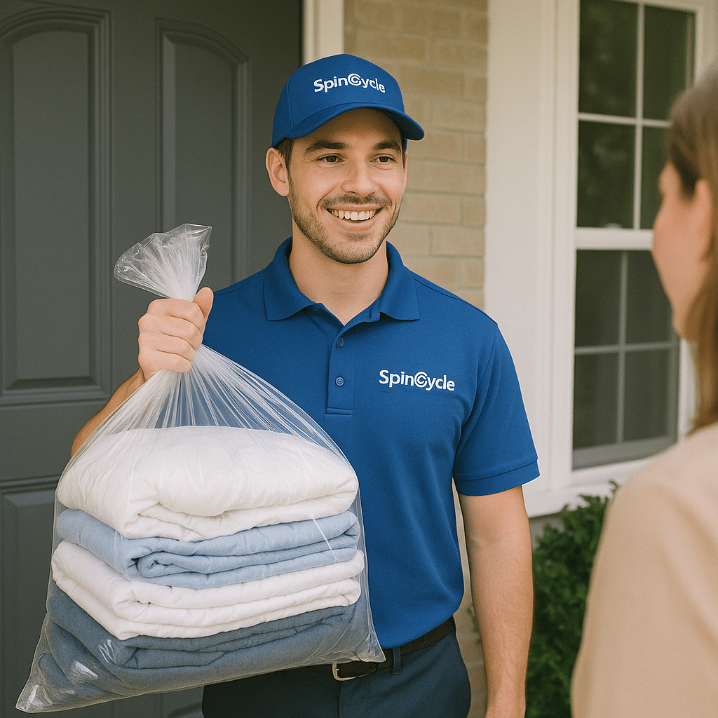 BrightSpin delivery driver delivering clean laundry to customer