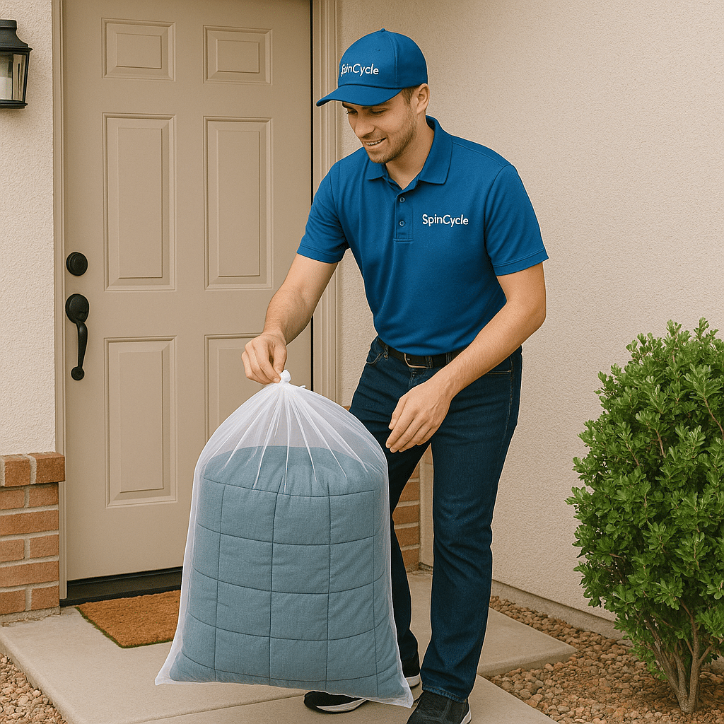 BrightSpin delivery driver pick up weighted blanket for professional cleaning