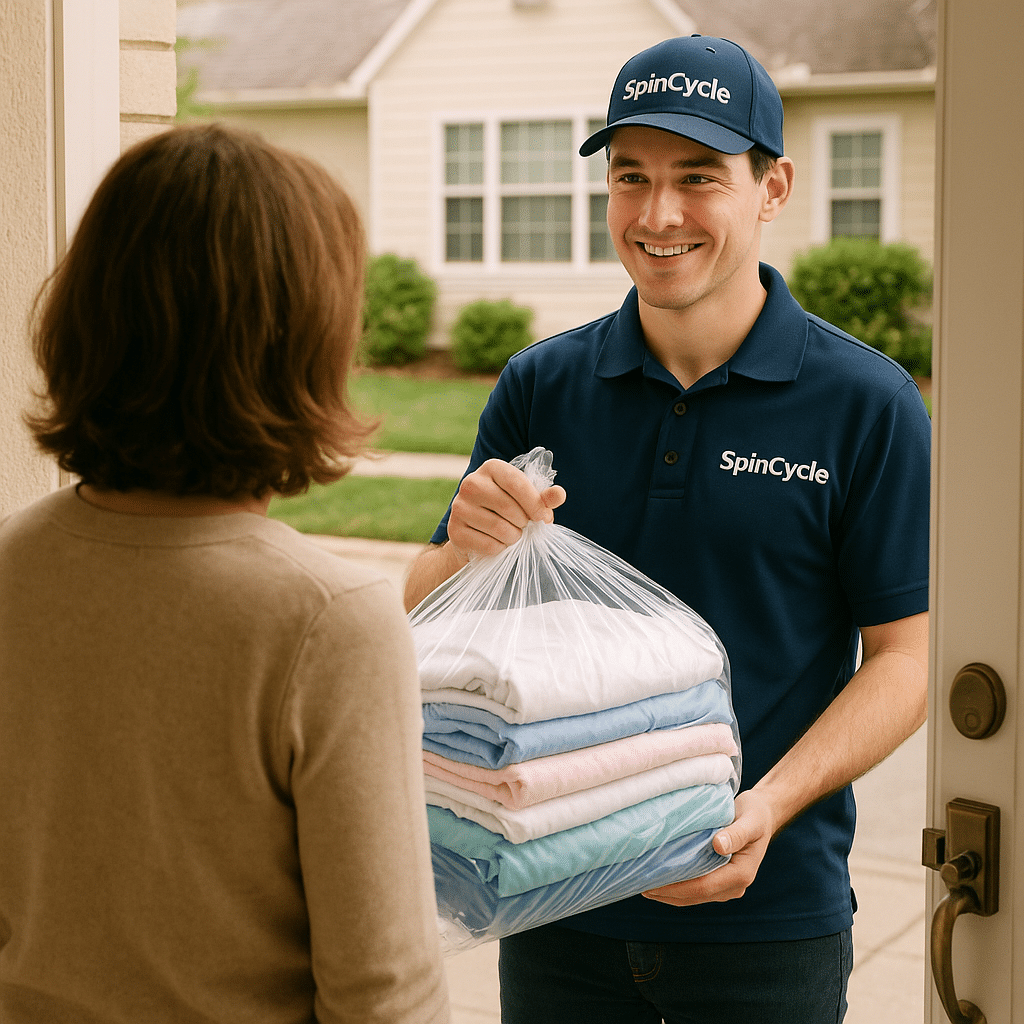 A BrightSpin driver carrying a customer's clean laundry for delivery
