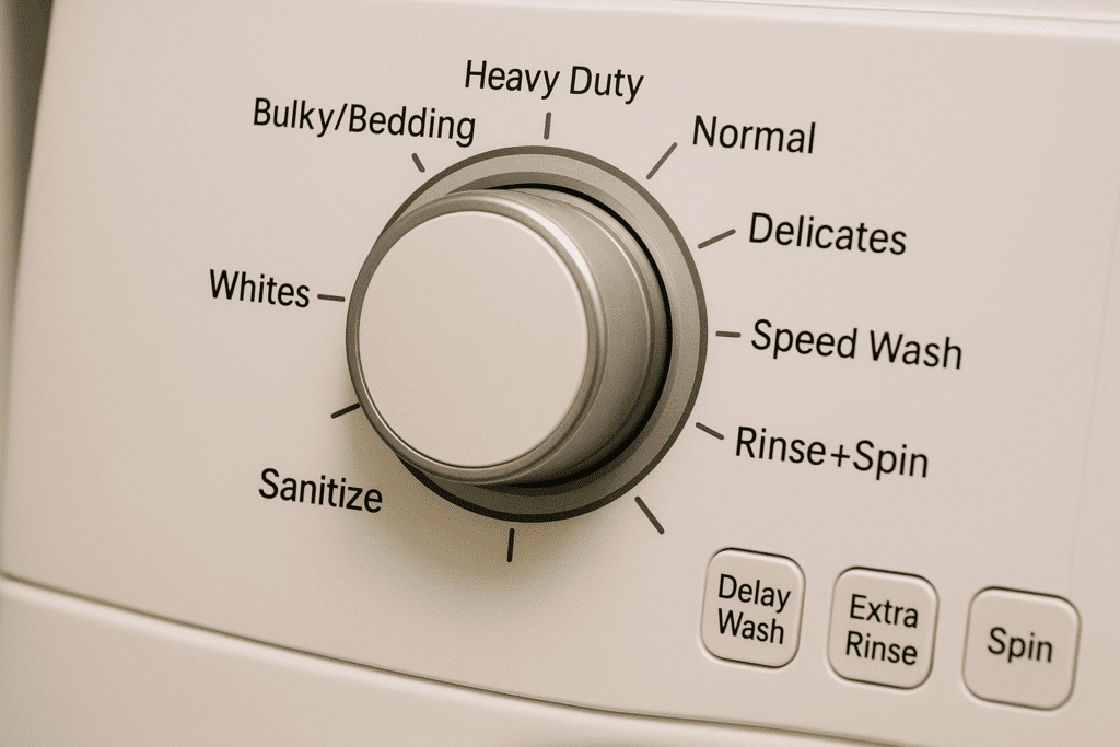 Close-up of a washing machine dial set to the Rinse and Spin cycle