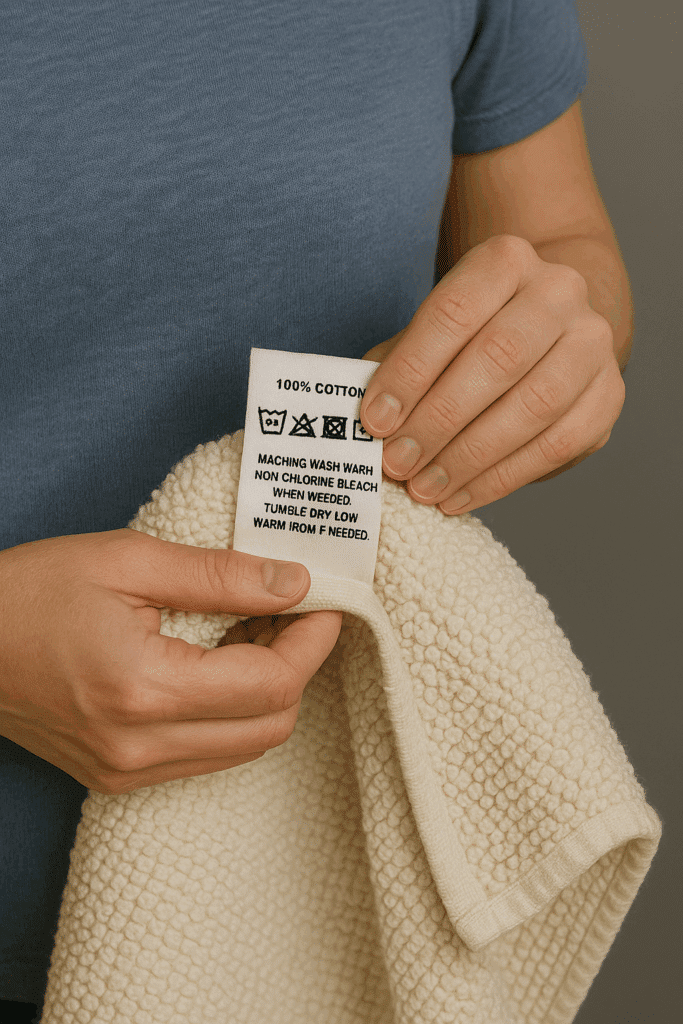 Person checking the laundry care label on a rug to see if it's machine washable