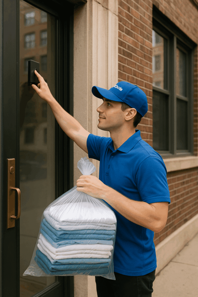 BrightSpin Laundry service van picking up laundry bags from a Chicago home