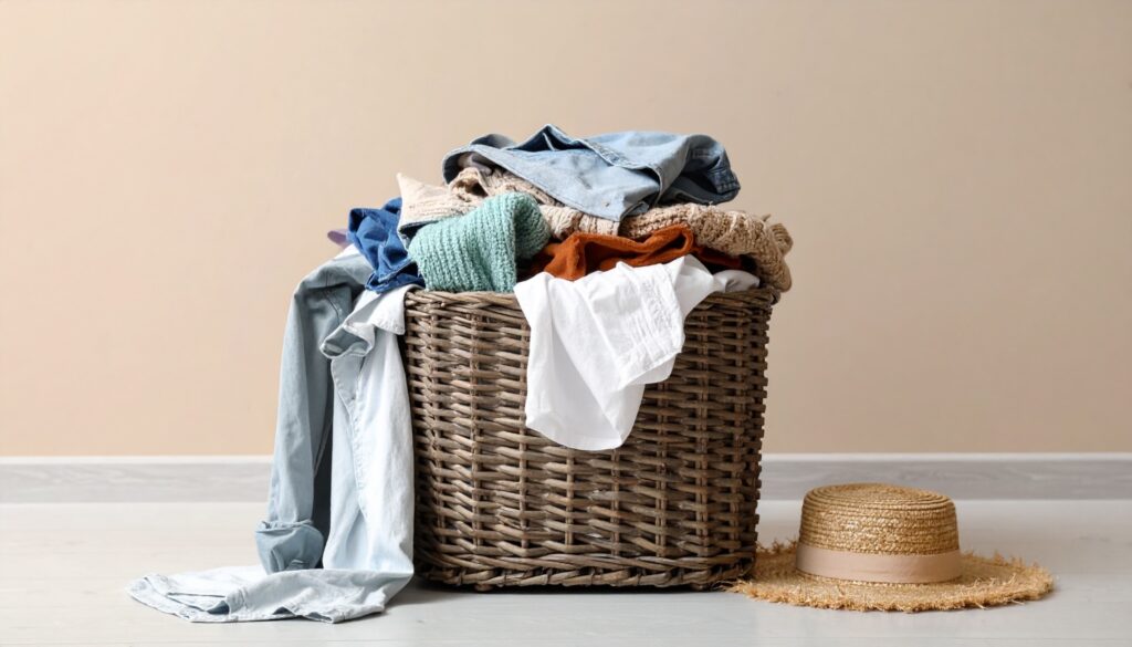 Overflowing laundry basket waiting to be washed