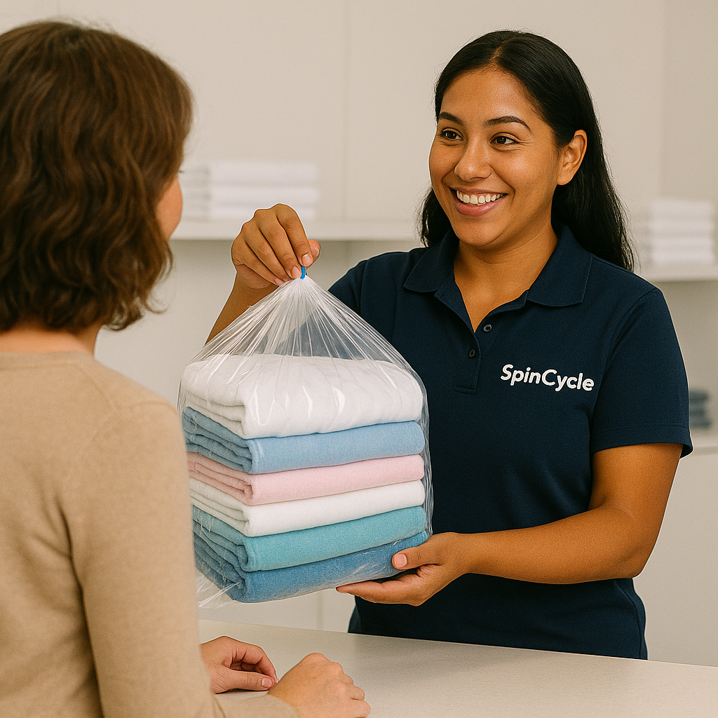 Laundromat staff member handing a customer a neatly folded stack of clean laundry