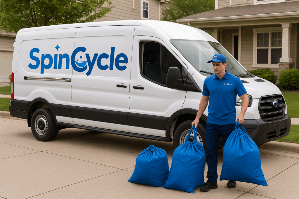 a BrightSpin laundry driver picking up a bag of clothes from a Chicago doorstep
