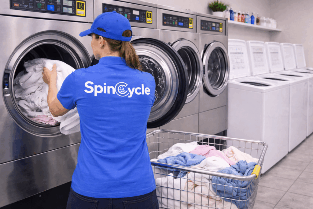Woman sorting laundry into whites, colors, and darks in front of washing machines