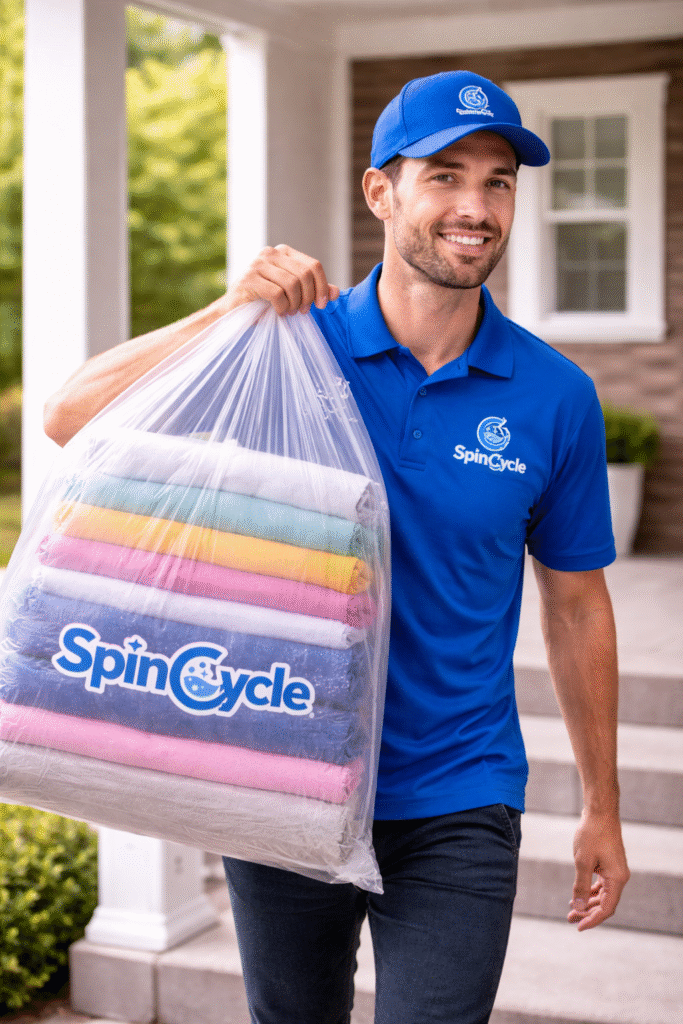 Laundry delivery worker holding a bag of folded clothes
