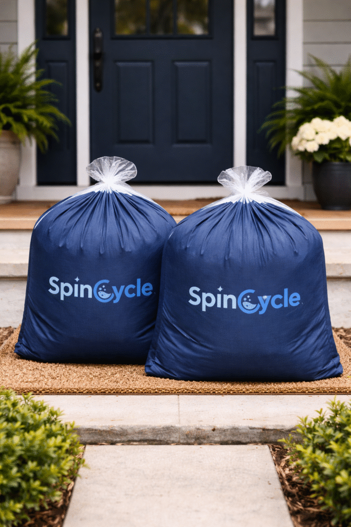 Laundry pickup bags placed on a front porch