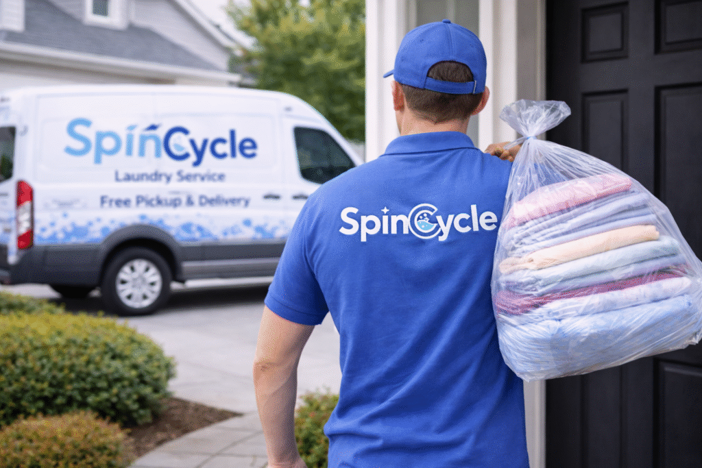 Laundry service driver carrying a bag of clothes toward a front door