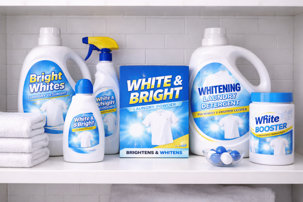 Laundry whitening boosters bottles lined up on a counter