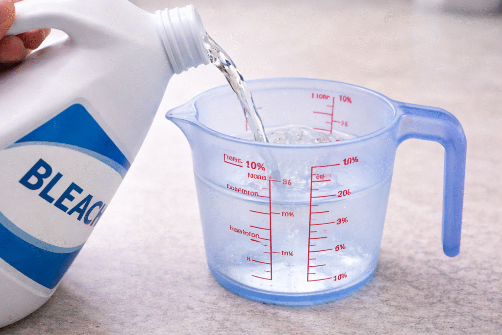 Measuring chlorine bleach in a cup with water