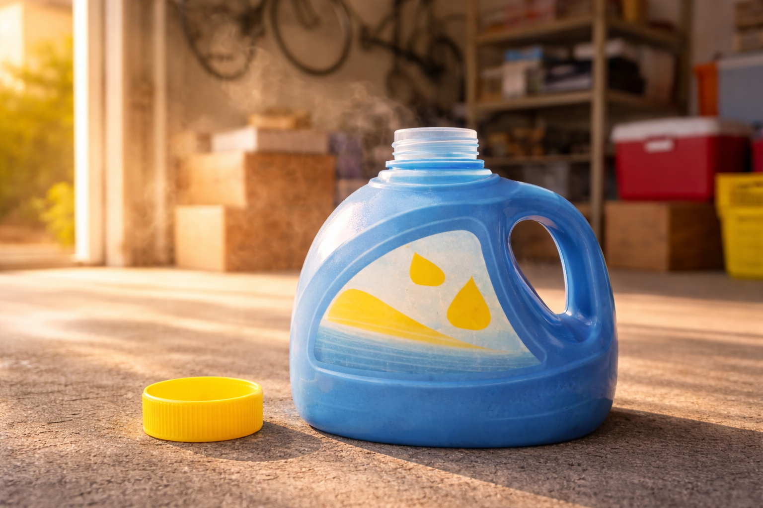Open blue detergent bottle in garage