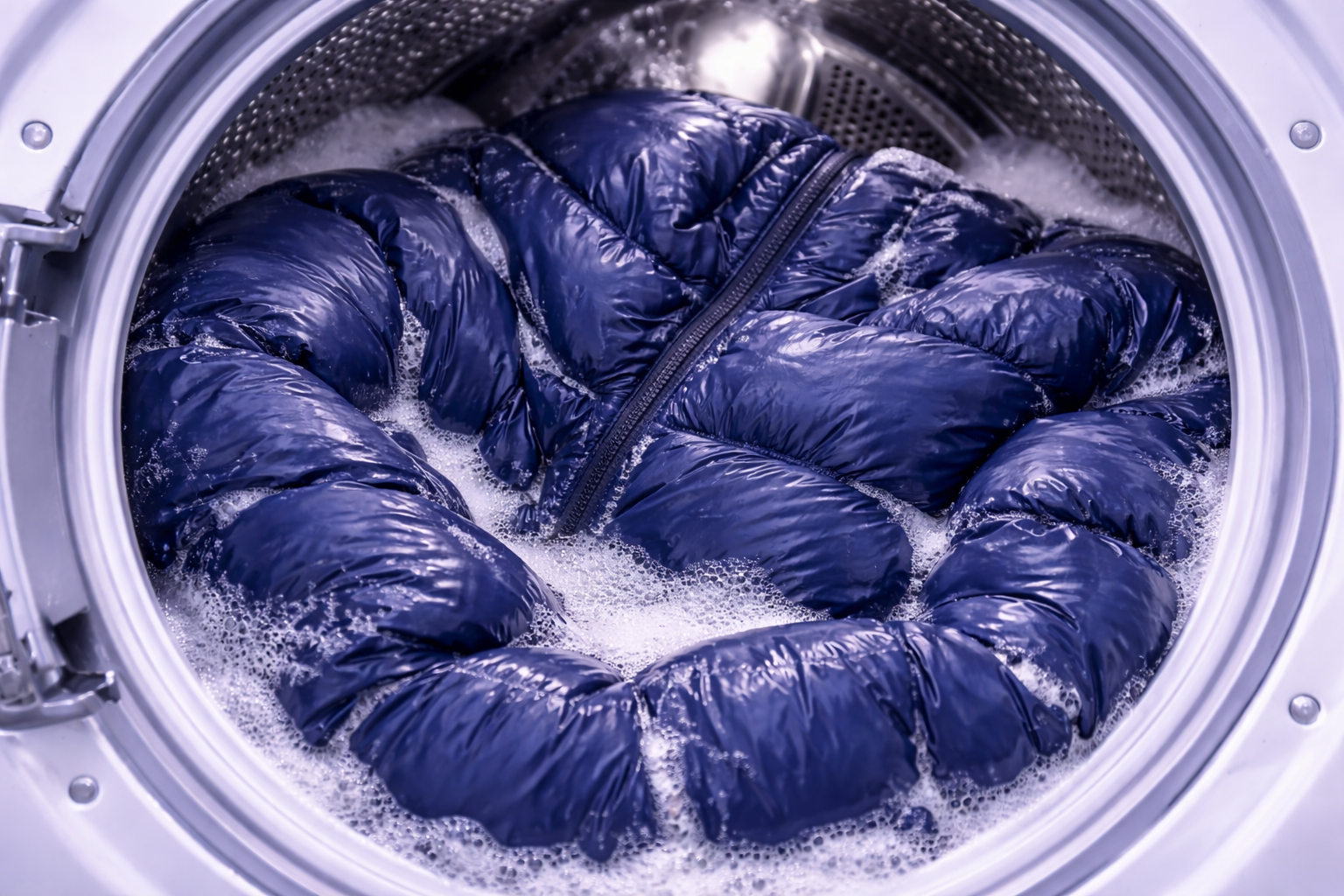 Blue jacket being washed with soap