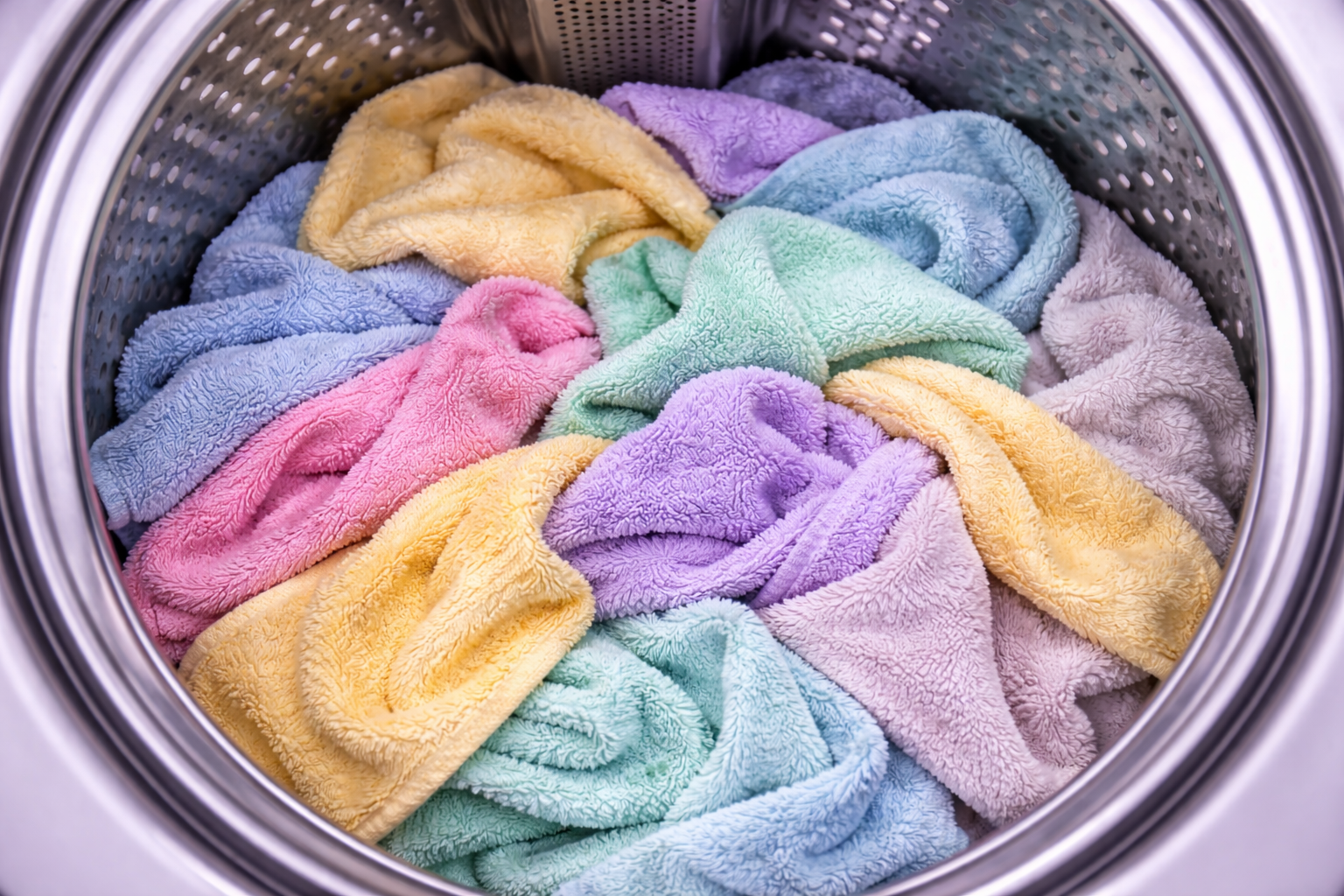 Multicolored towels in a washing machine