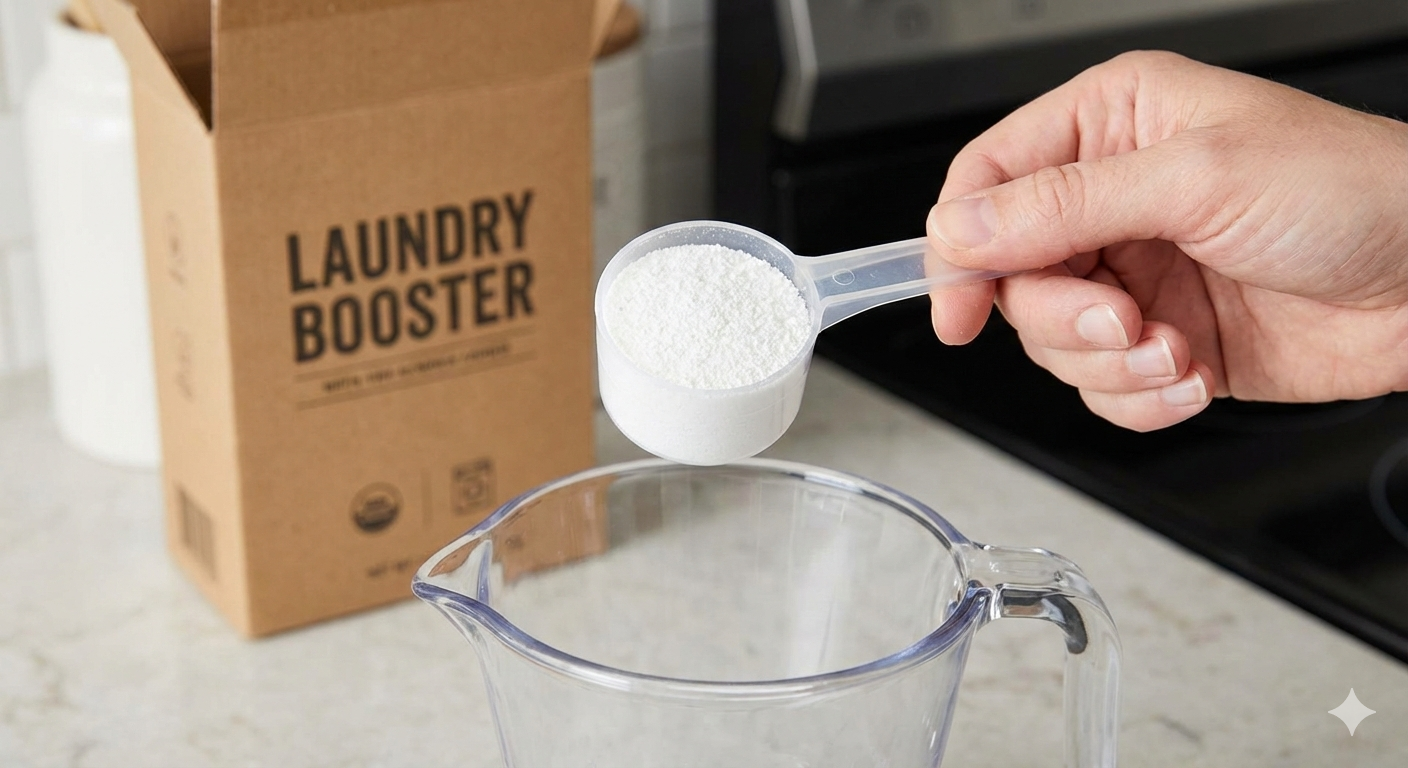 Person adding laundry powder to container