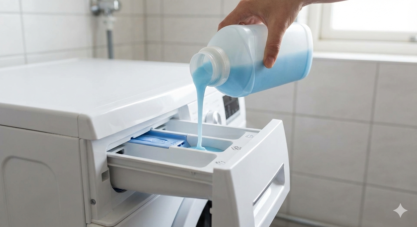 Person adding blue liquid detergent