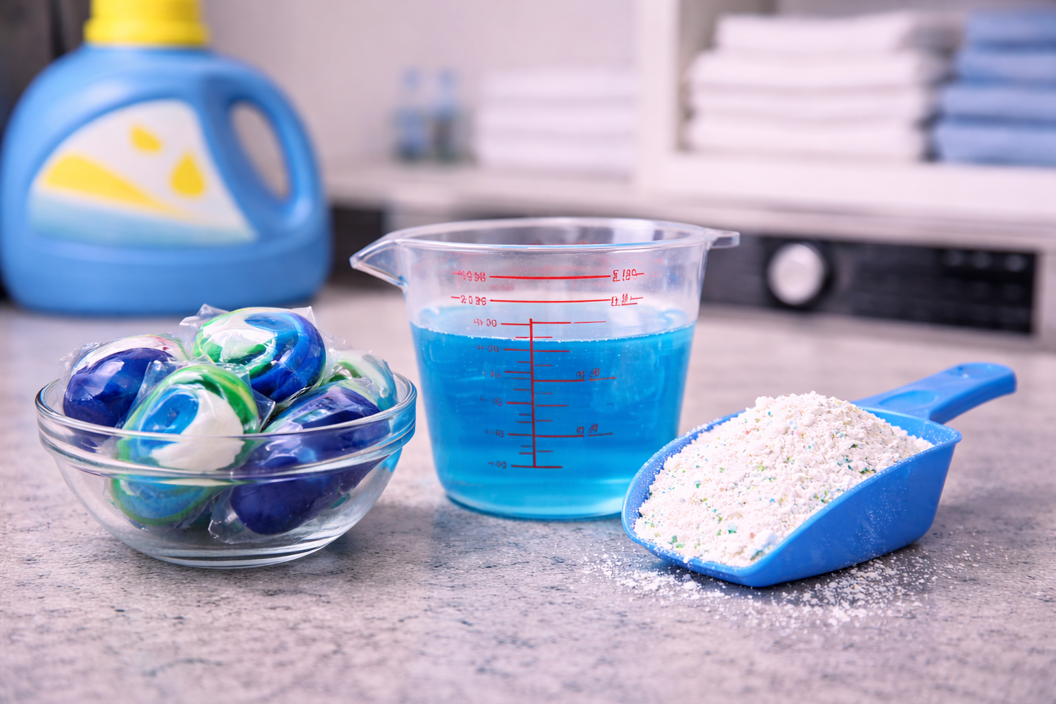 Detergent pods liquid and powder on counter