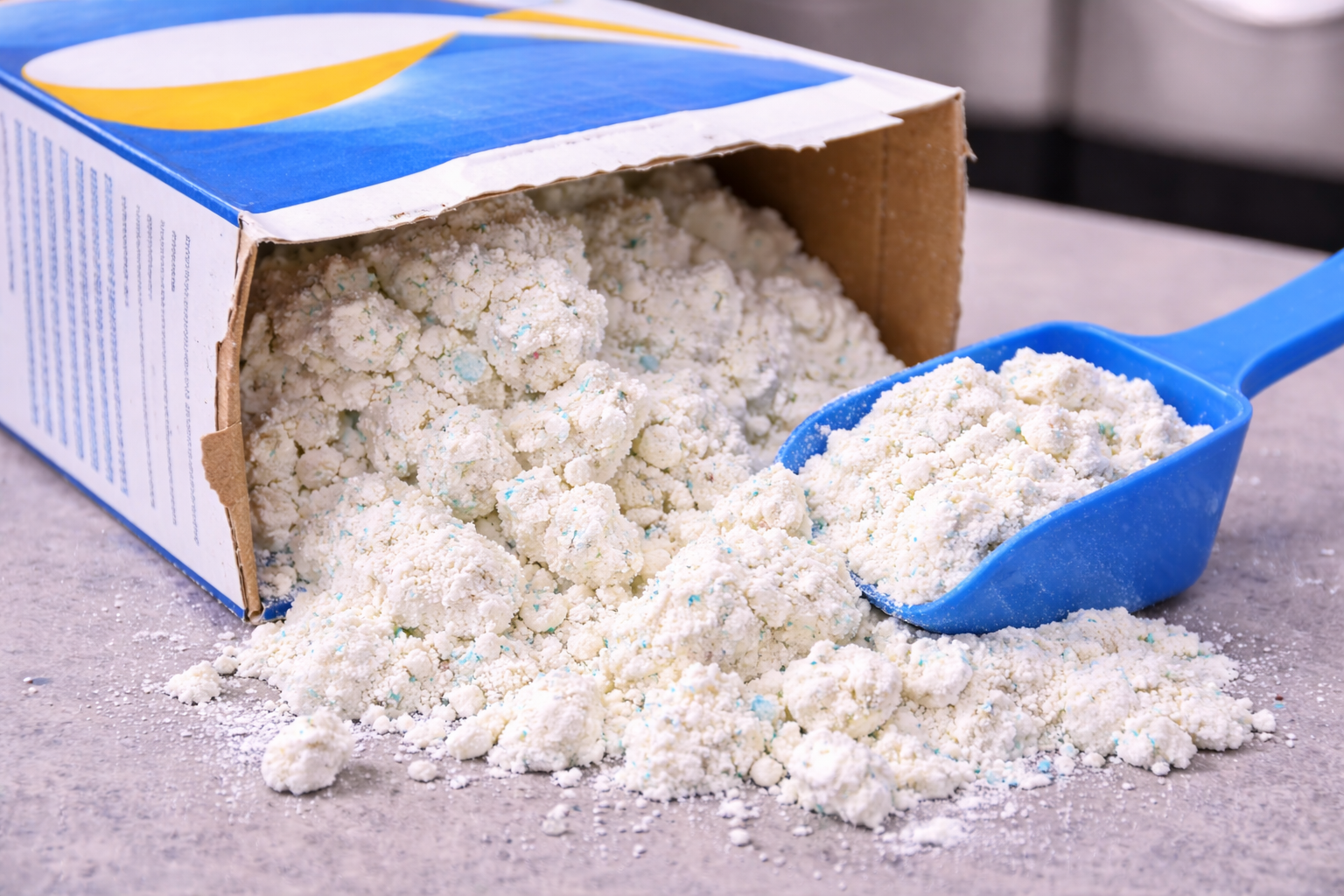 Laundry detergent spilled with blue scoop