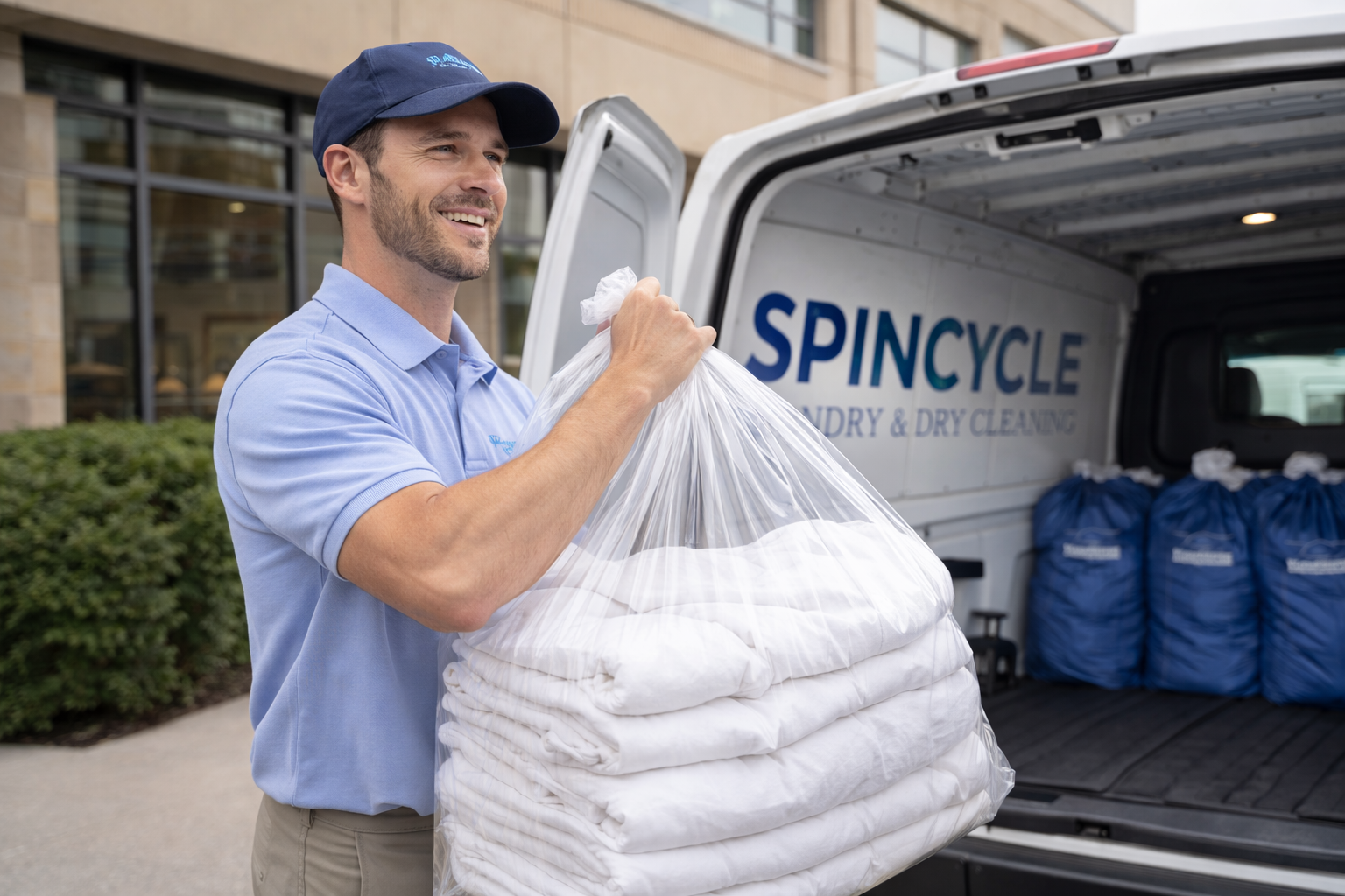 Man loading laundry into a van