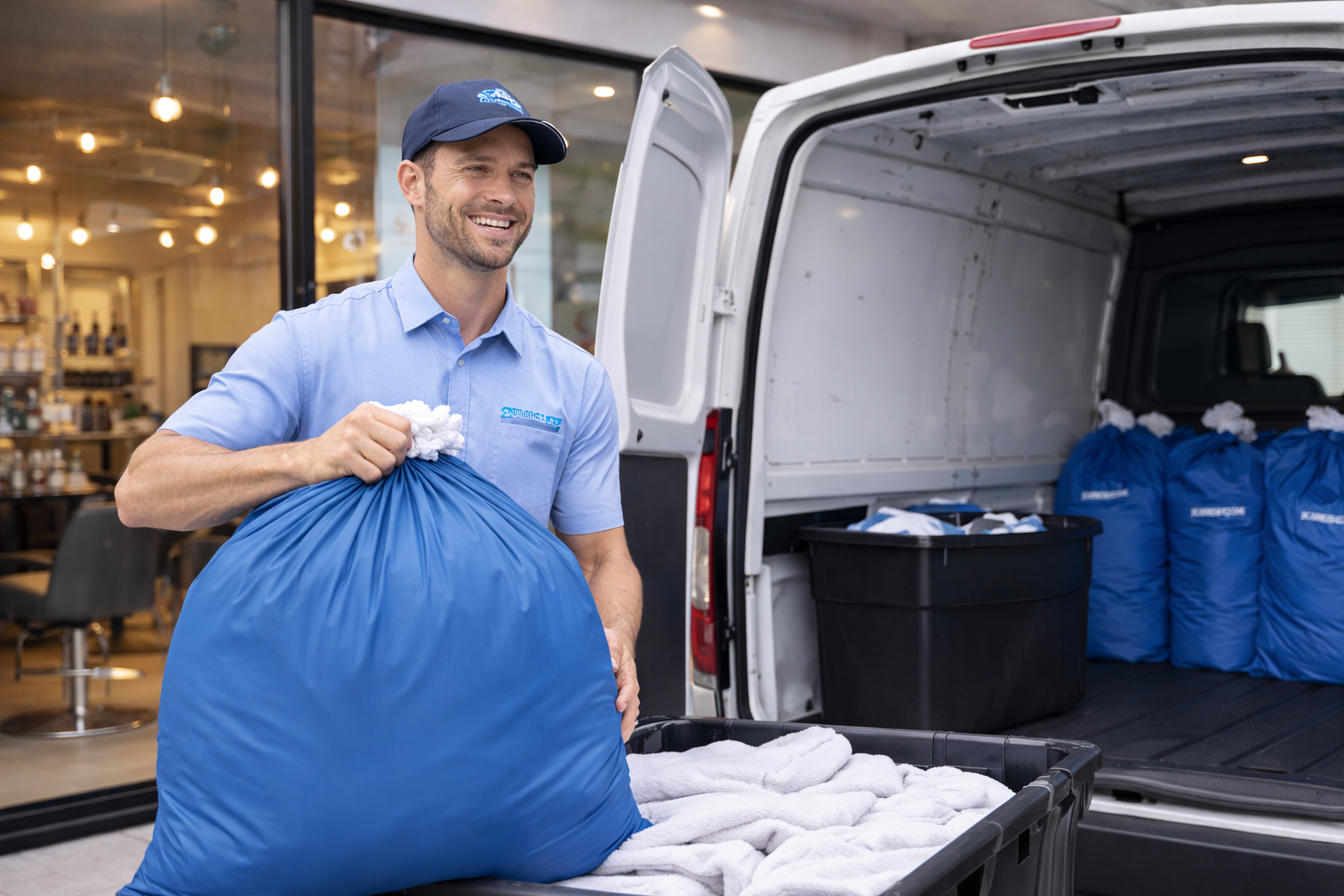 Man placing blue bags in a van