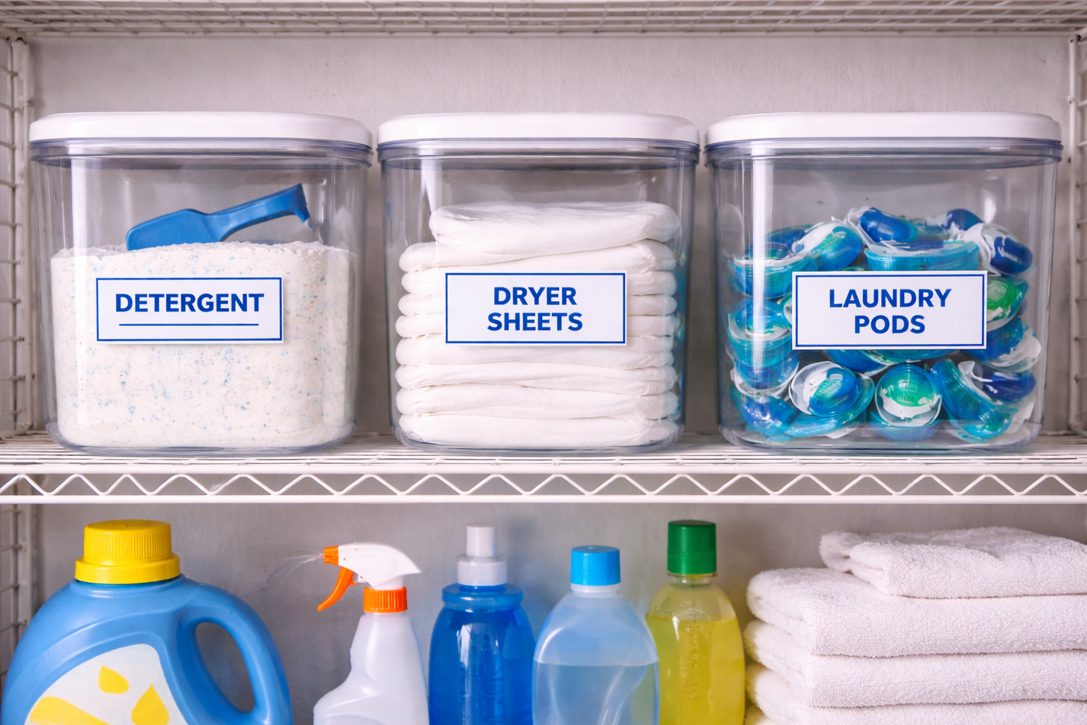 Laundry supplies neatly arranged on shelf