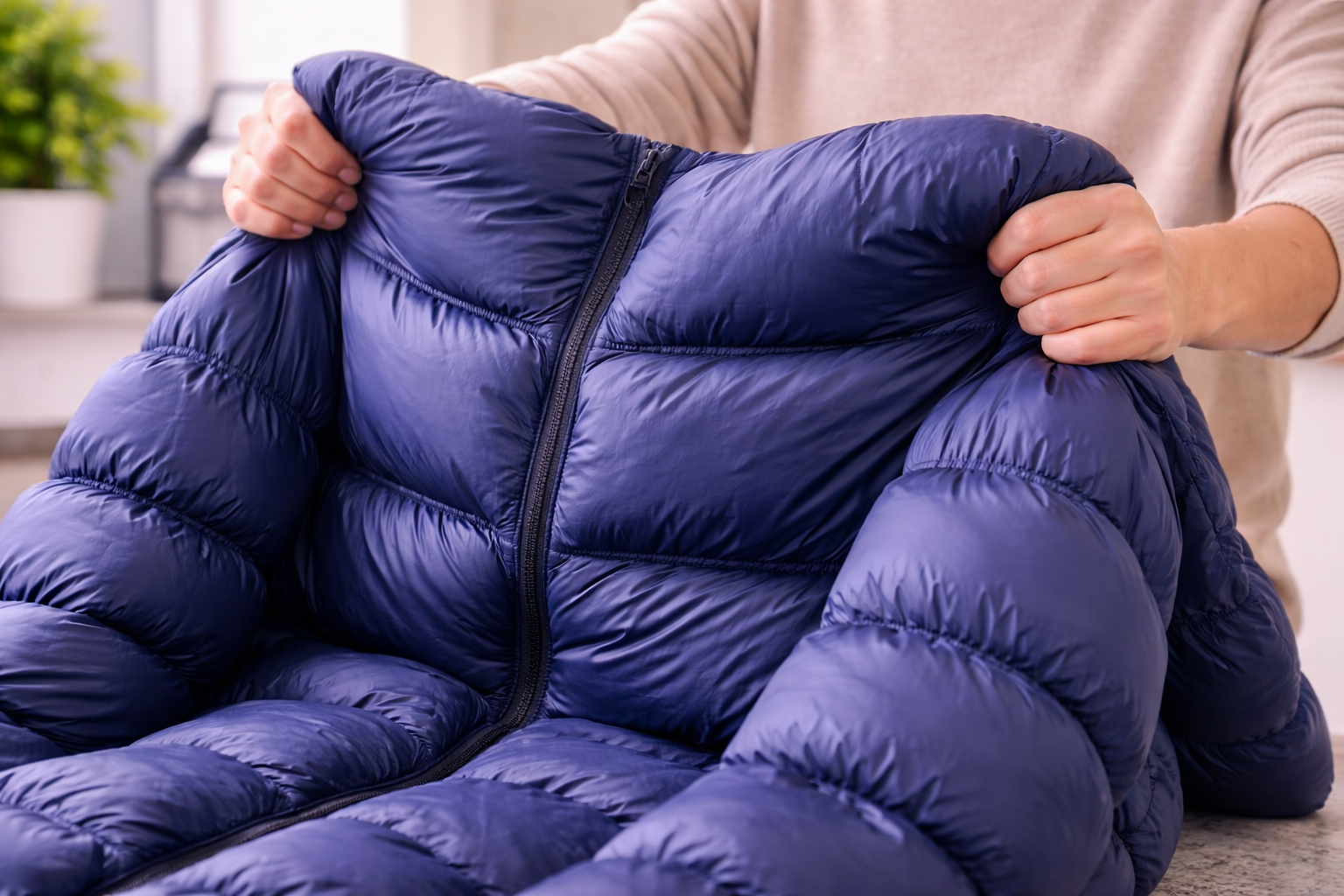 Hands holding a blue puffer jacket