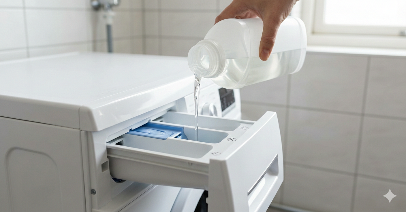 Hand pouring liquid into washing machine