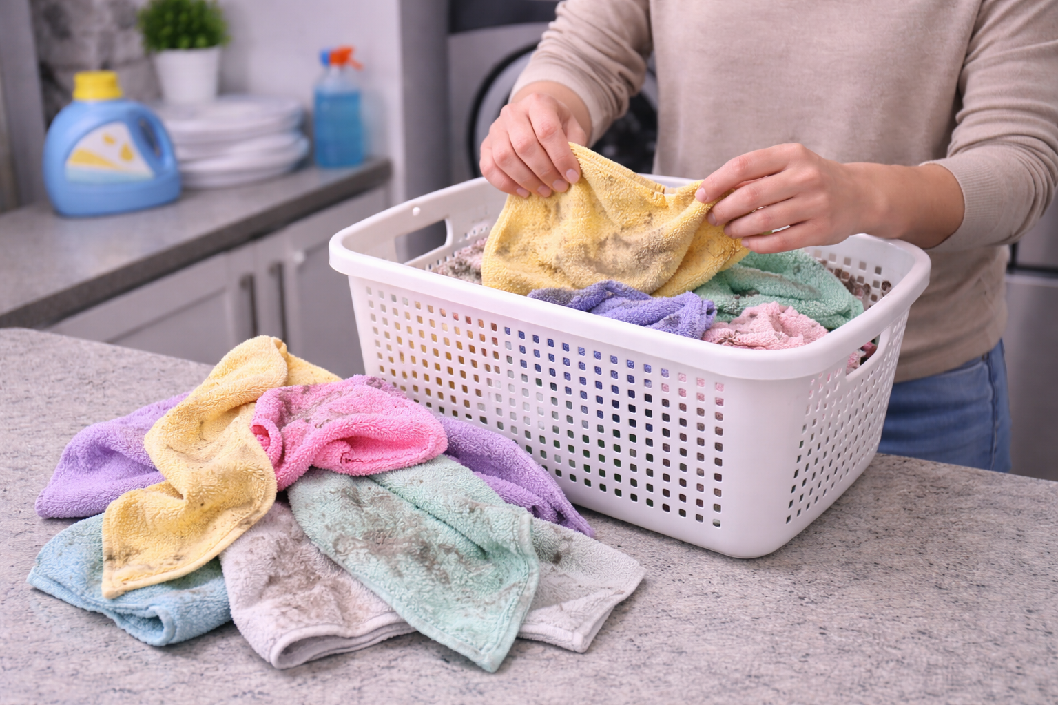 Person sorting dirty towels in basket