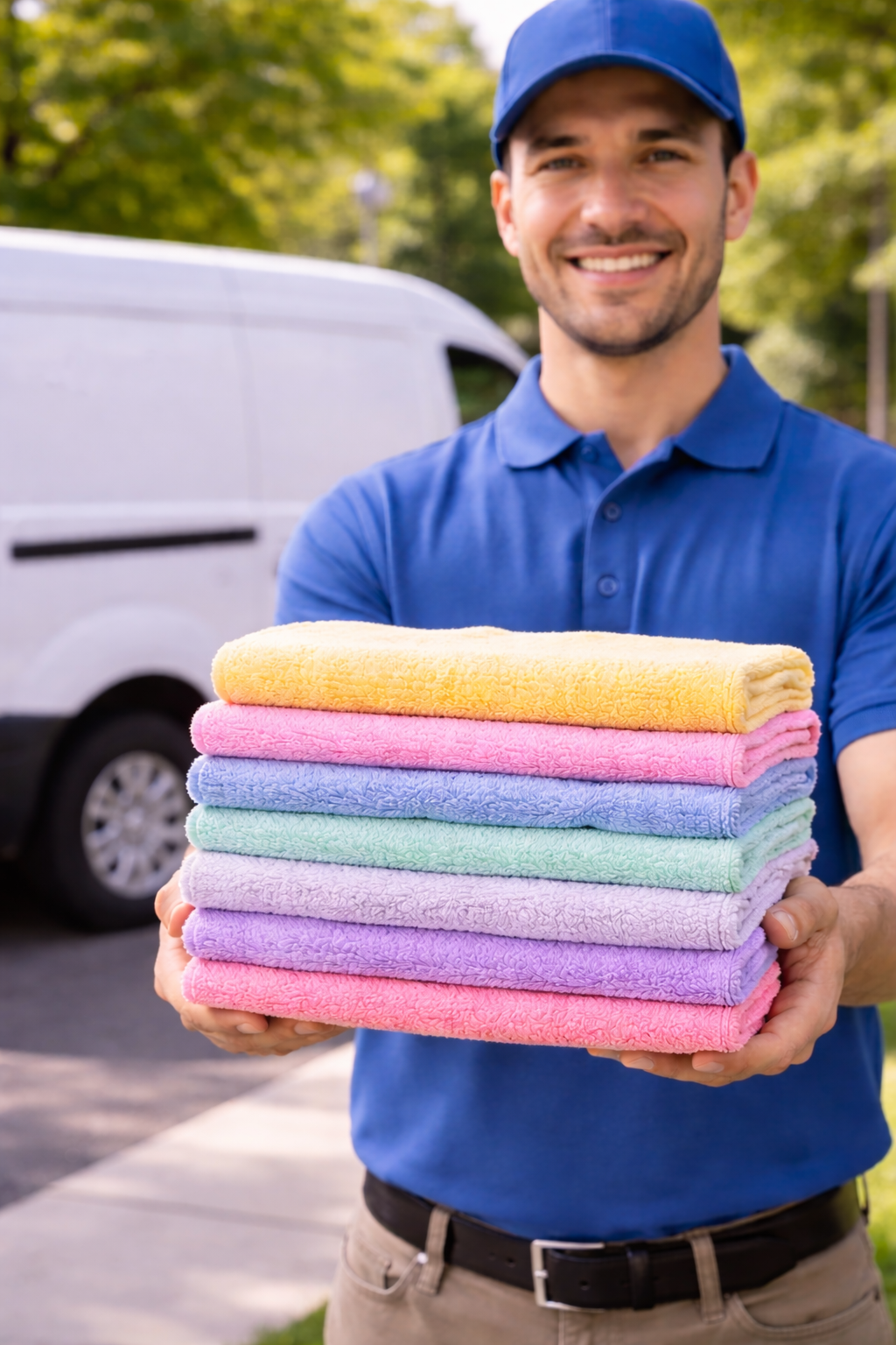 Man holding stack of colorful towels