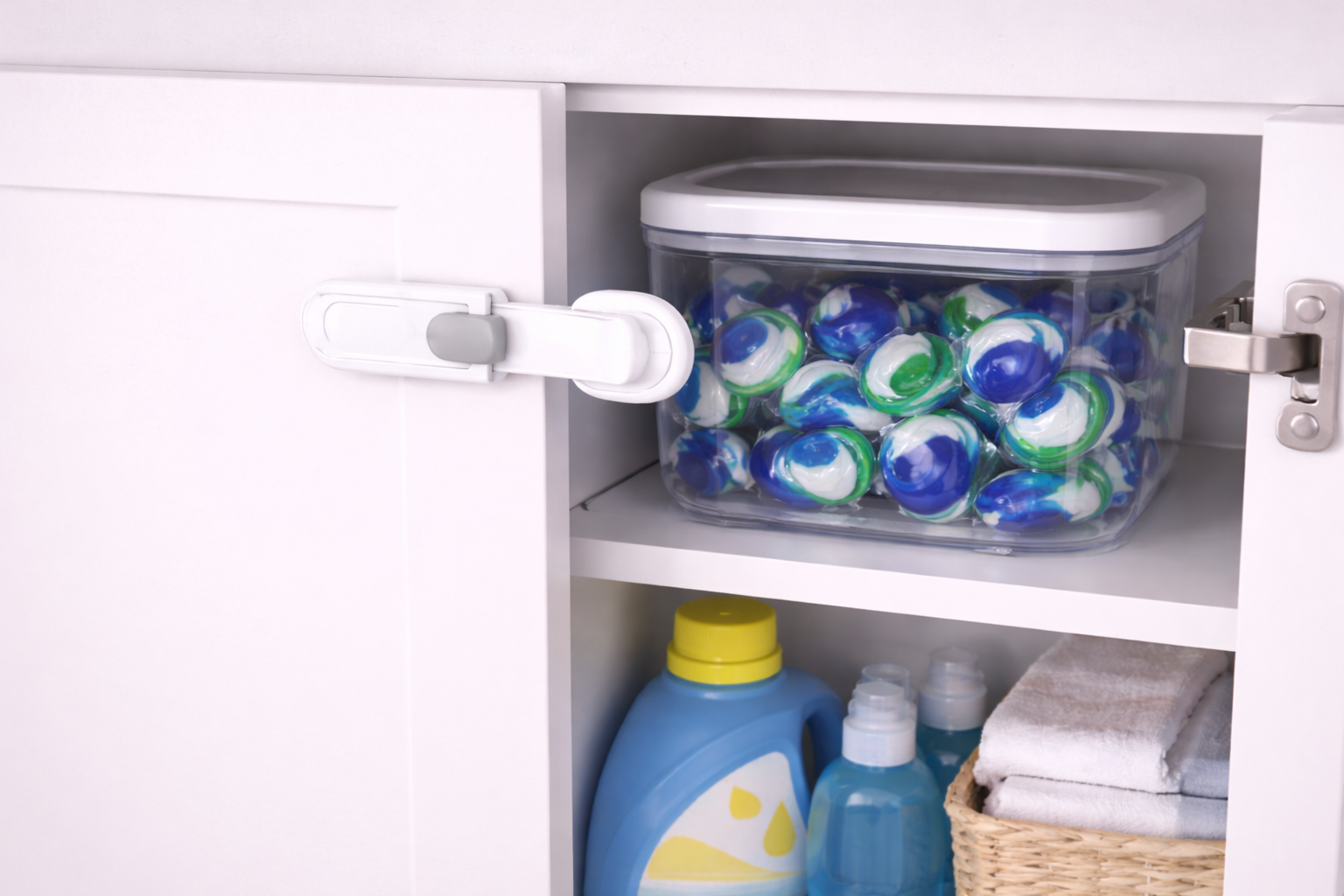 Cabinet with child safety lock and cleaning supplies