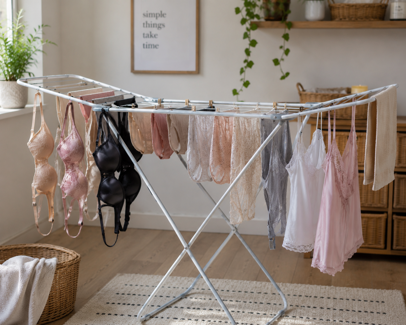 Lingerie hanging on indoor drying rack