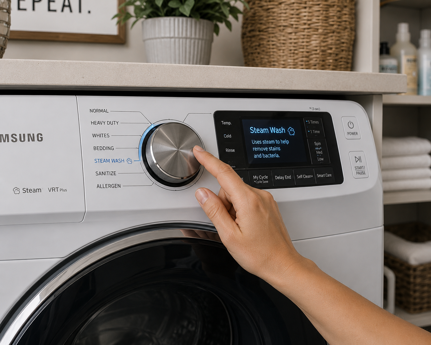 Person turning knob on washing machine