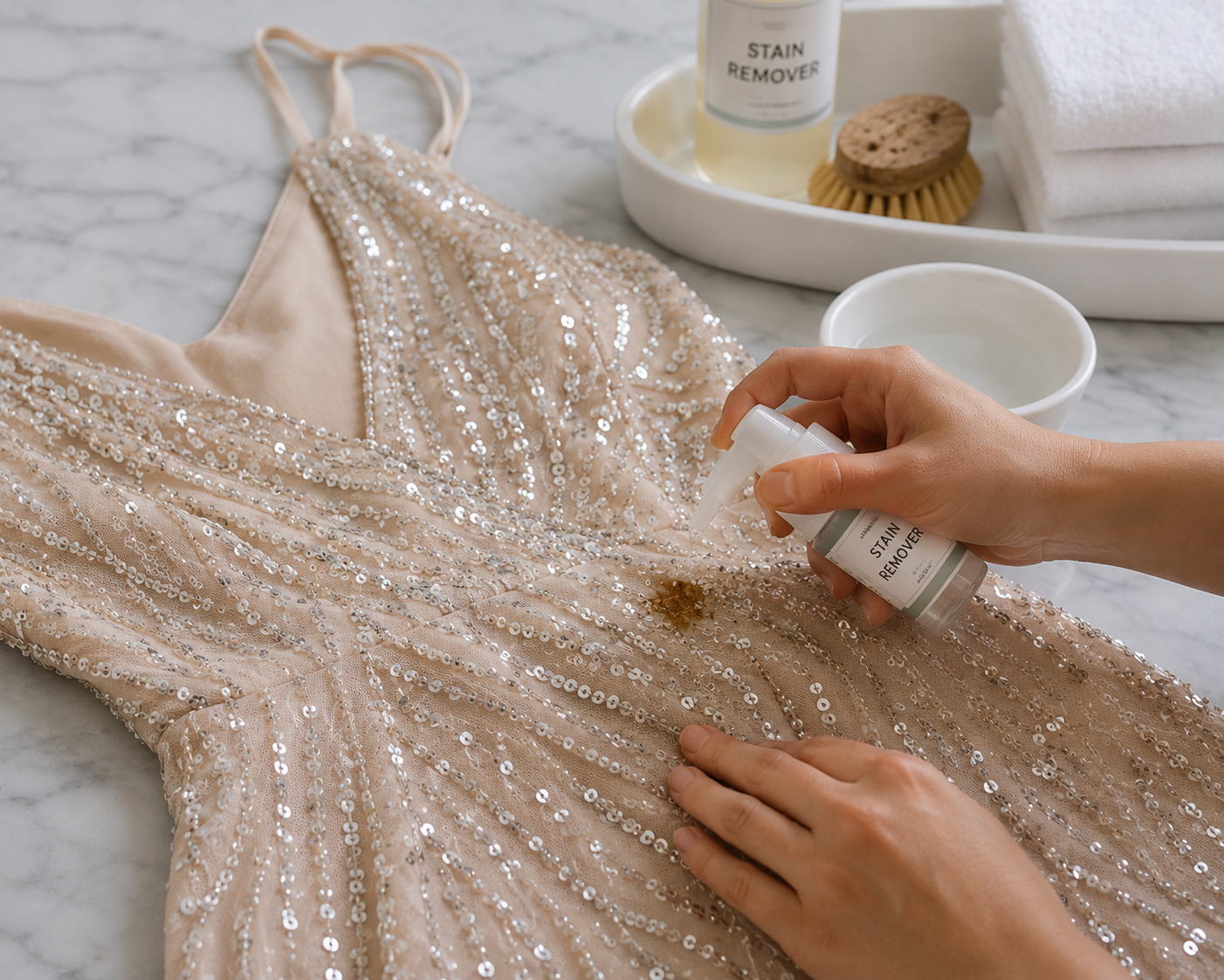 Person applying stain remover on dress