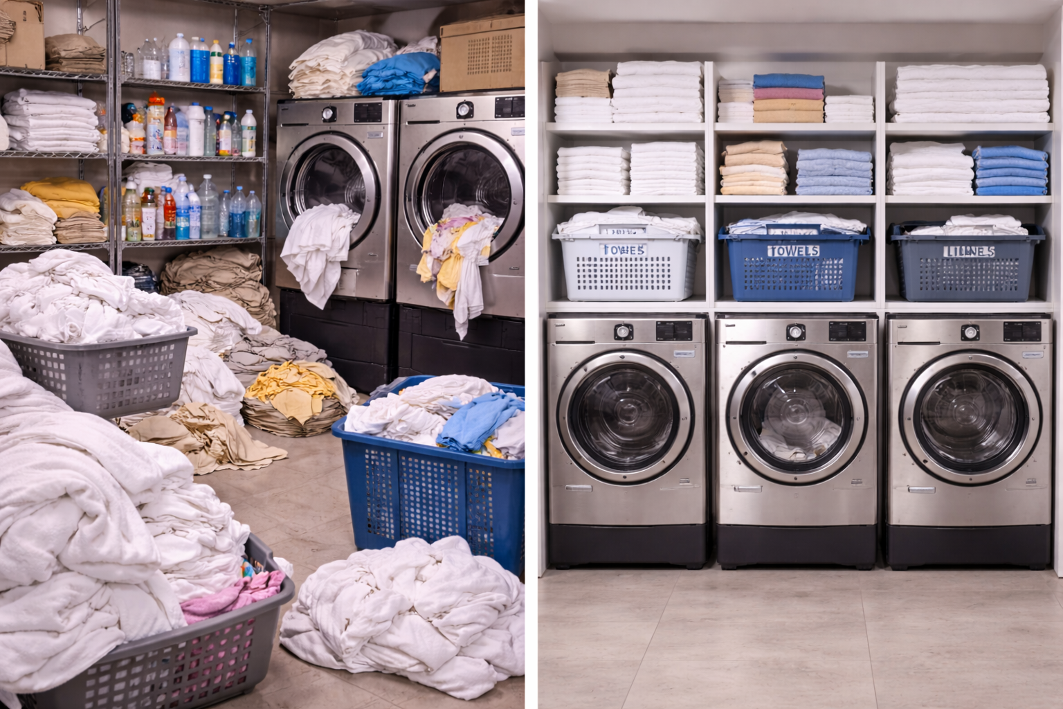 Side by side messy and organized laundry room