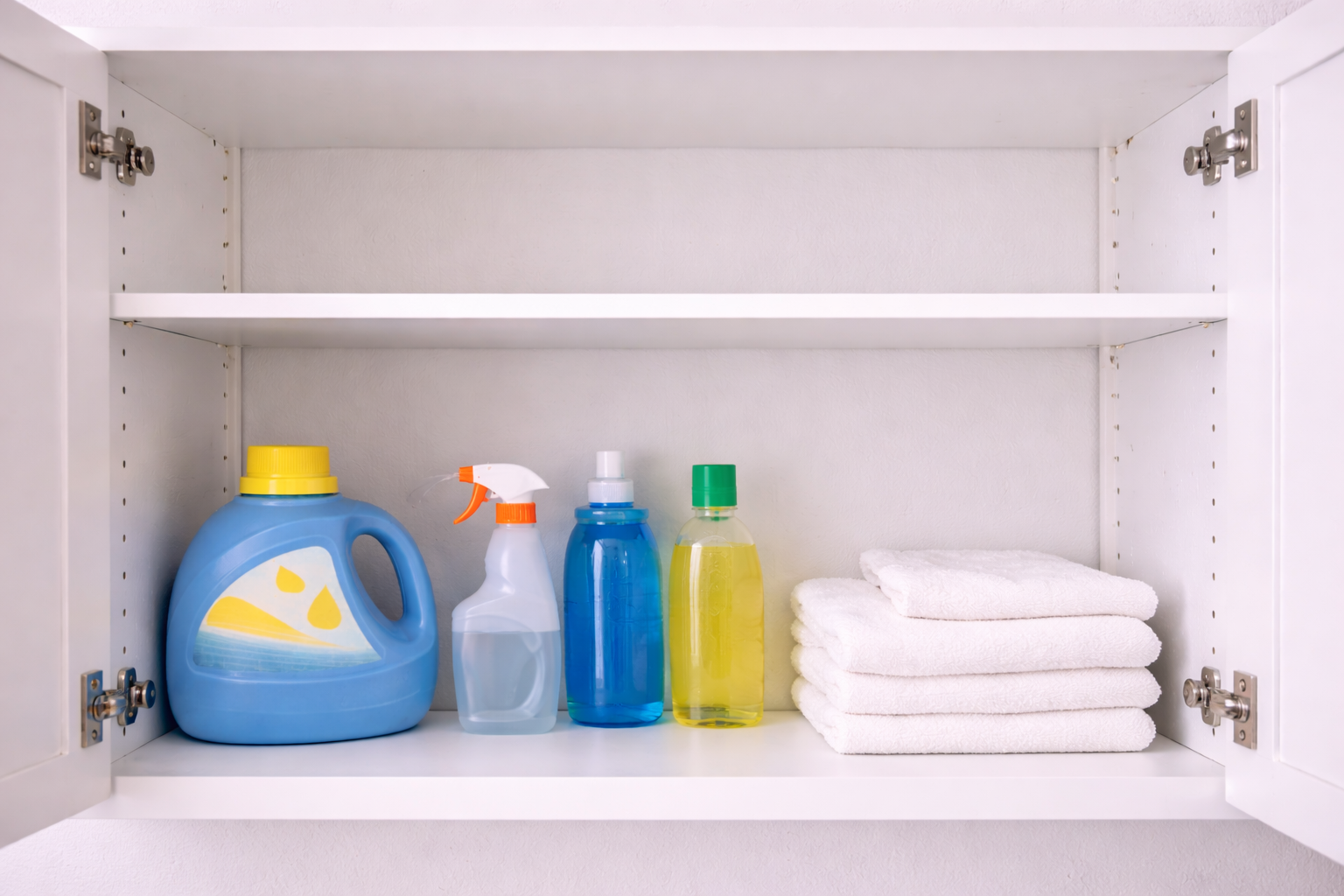 Cleaning products and towels on shelf