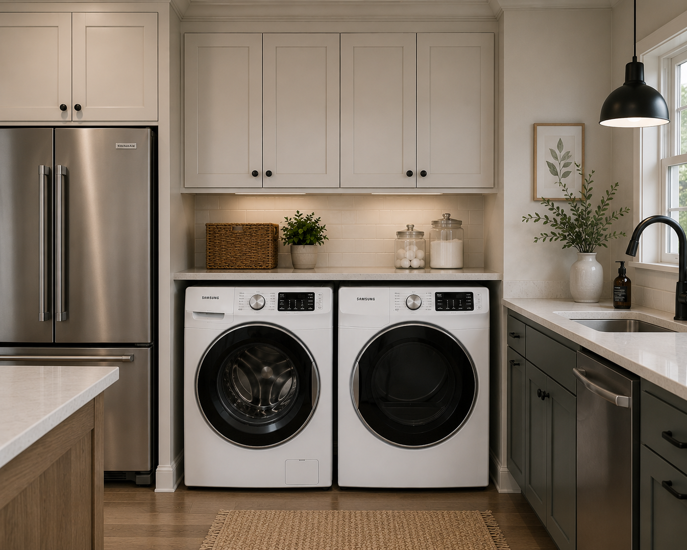 Laundry room with washer dryer and cabinets
