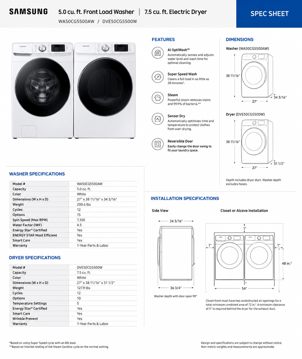 Samsung washer and dryer spec sheet