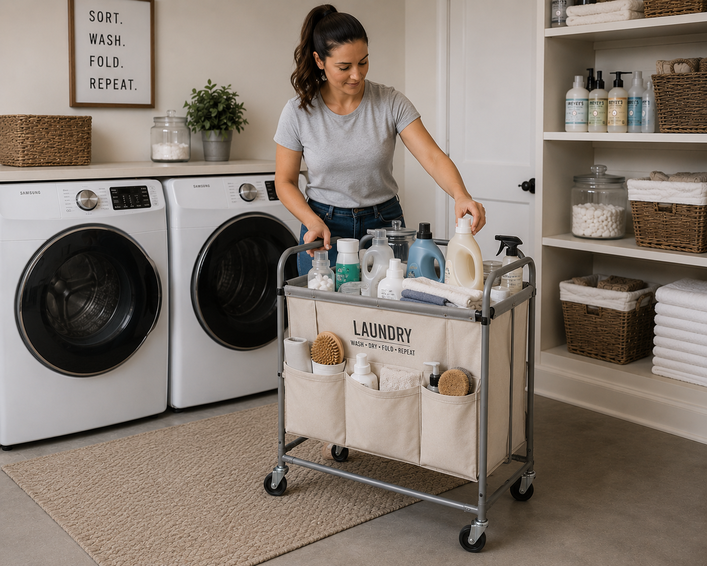 Woman arranging items on laundry cart