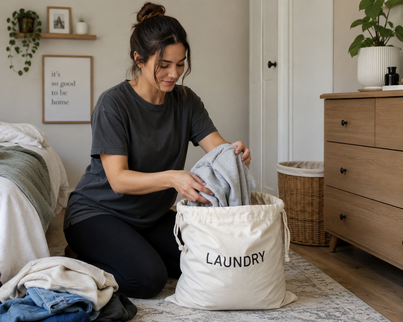 Woman placing clothes in laundry bag