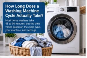 Guide to how long a washing machine cycle takes, beside a front load washer and laundry basket