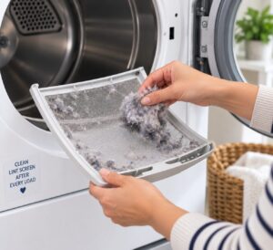 Hands pulling thick lint from a dryer lint screen in front of an open dryer