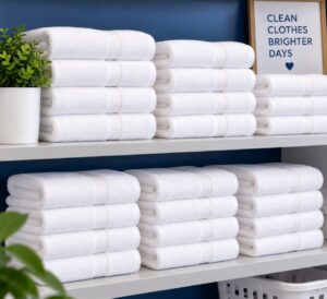 Stacks of folded white bath towels on a laundry room shelf
